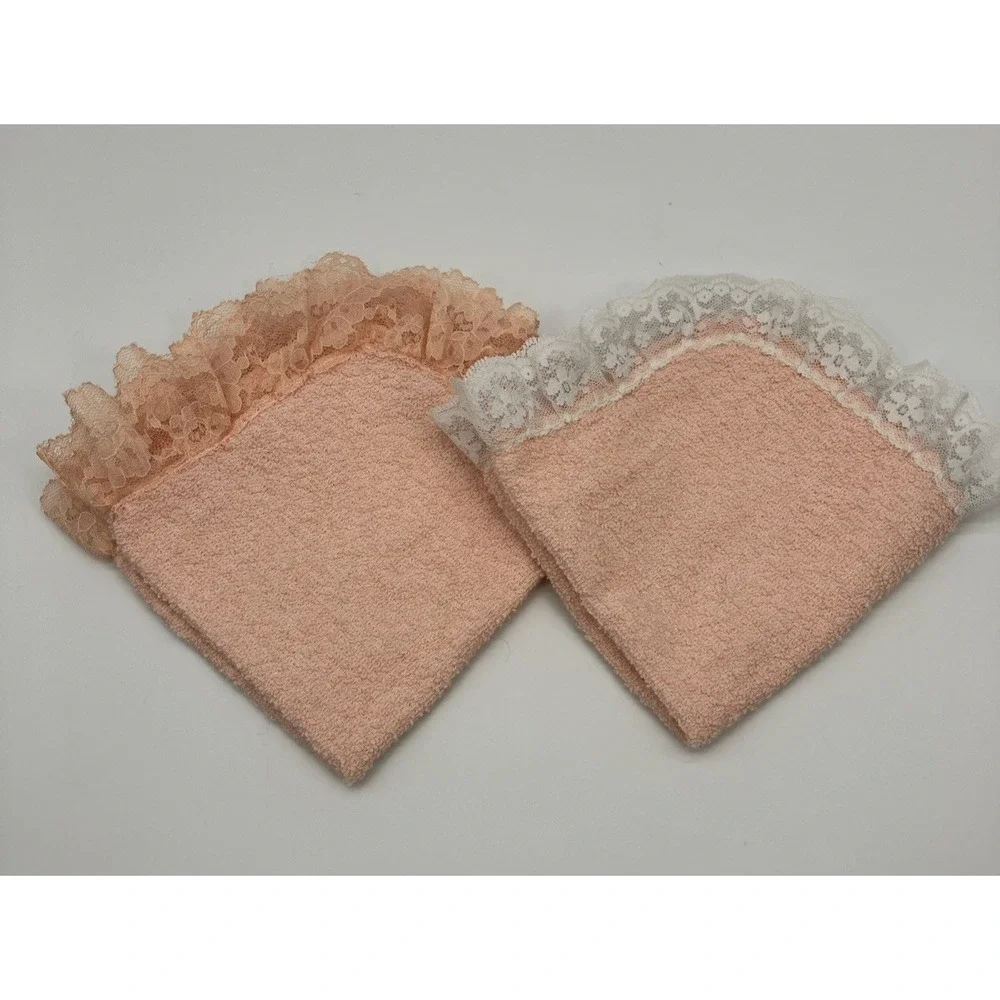 2 Vtg Cannon All Cotton Orange Peach Lace Washcloths USA Granny Cottage Coquette